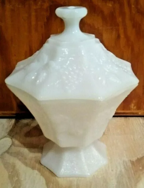 Vintage Milk Glass Compote Pedestal Dish w/Lid Grapes Leaves Unbranded
