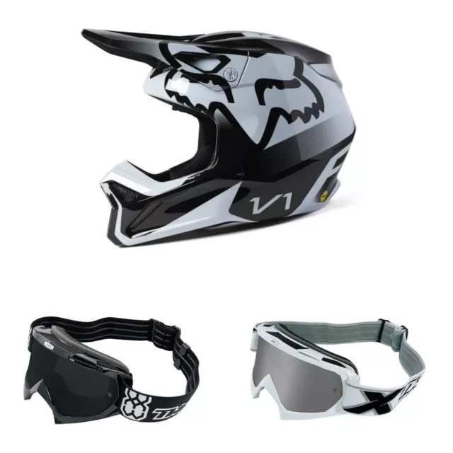 Casque Motocross Avec Lunettes FOX V1 Leed Cross Noir Blanc TWO-X MX Combo