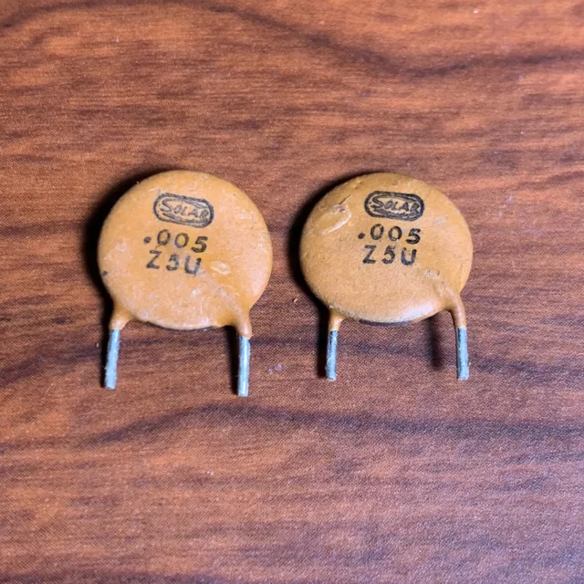 2 NOS Vintage 1960s Solar .005 uf Ceramic Disk Guitar Tone Capacitors