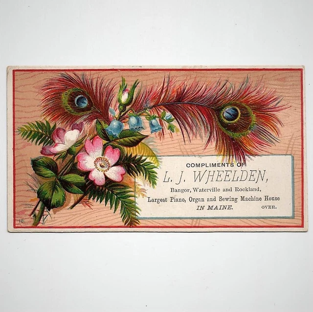 Piano Organ Sewing Machine Victorian Trade Card of L. J. Wheelden Bangor Maine