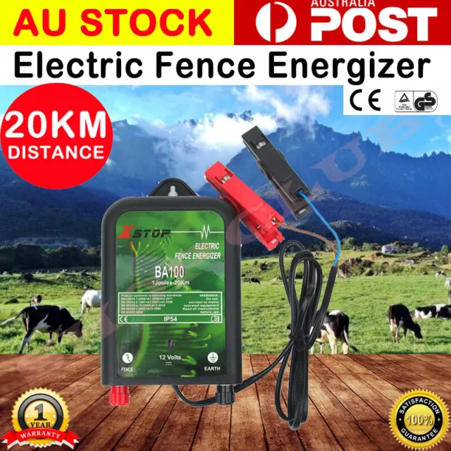 20km 12V Electric Fence Energizer Energiser Battery Charger Poly wire Tape BA100