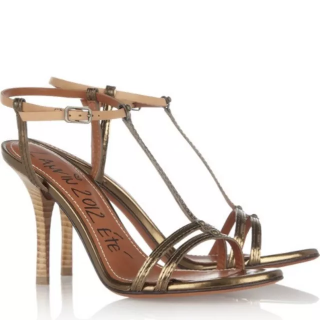 Lanvin T-strap Heels Sandals Strappy Metallic Leather Ete 2012 Italy Bronze 38 7