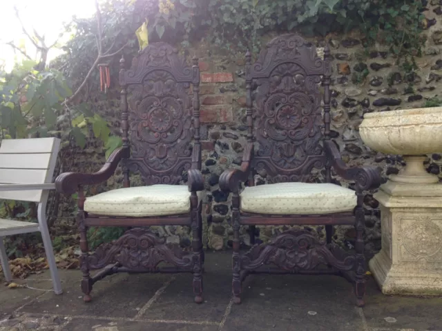 Pair antique carved oak Carolean Revival Side Hall chairs