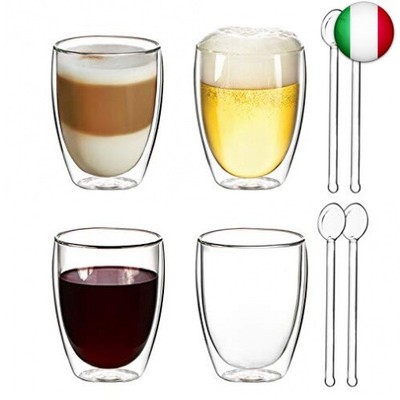 Tazza in Vetro Borosilicato per Latte tè Cappuccino Joeyan Bicchieri a Doppia Parete Set di 2-400ml Bicchieri Termici da caffè Acqua Succo Gratuito 2 Cucchiai 