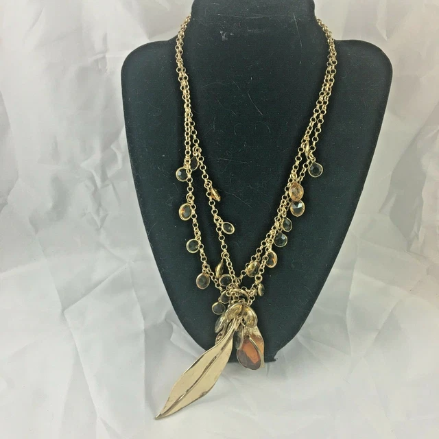 Charming Charlie Gold Tone Bead Necklace Rhinestone Leaves 16" w/ 3" extender US 2