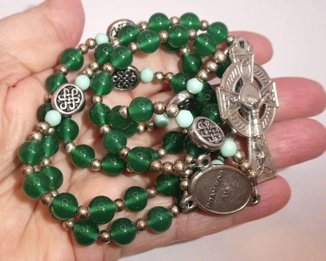 Catholic Irish Erin St. Patrick Rosary Green Glass Beads Celtic Cross Crucifix