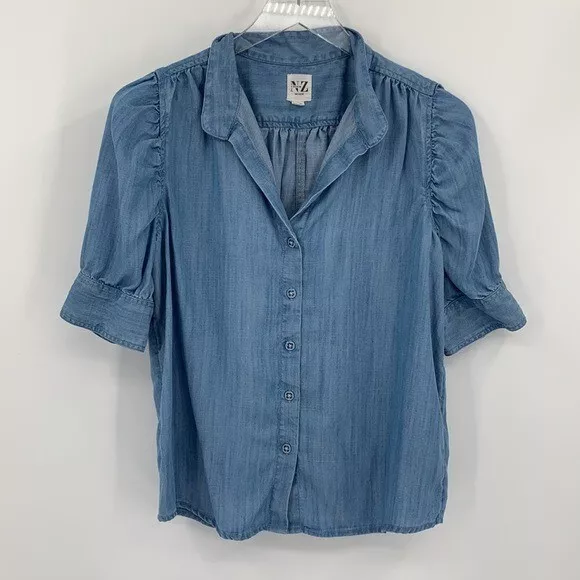 NZ Nic+Zoe Denim chambray blouse top shirt button puffed short sleeve blue Small