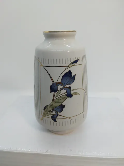 Vintage OTAGIRI Grand Iris Mini Bud Vase White Blue Gold Color Decorative 3.75"
