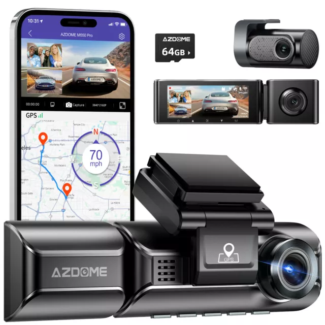 AZDOME 4K+1080P+1080P Dashcam 5GHz WiFi GPS Autokamera Vorne Parküberwachung64GB