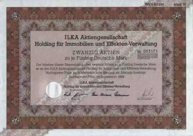 ILKA Holding 1989 Vogeley Hameln Hochspeyer Pfalz 1000 DM Gründeraktie Victoria