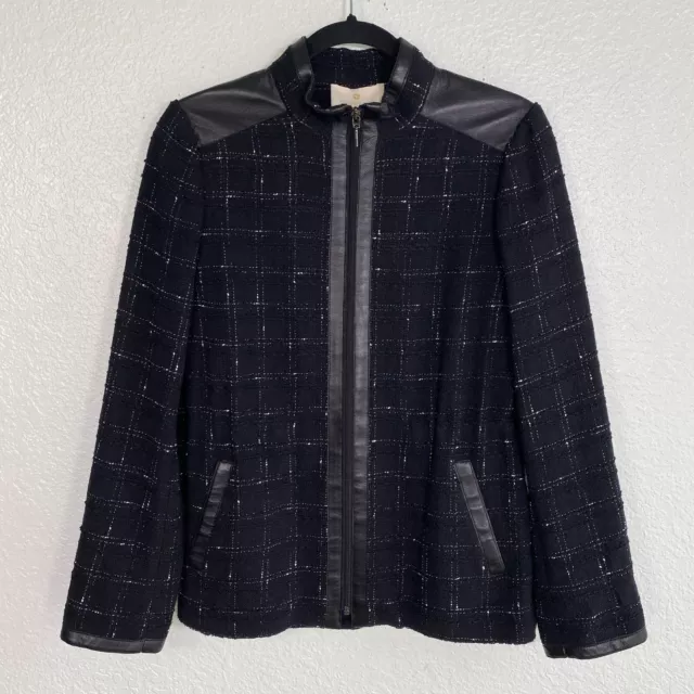 Etcetera Jacket Womens 2 Tweed Zip Up Leather Trim Moto Window Pane Business