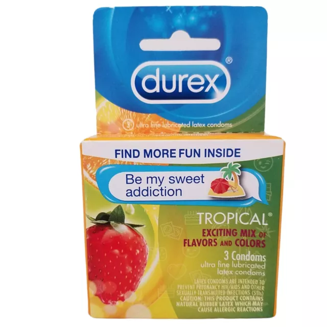 Durex Condoms Pleasure Pack SWEET ADDICTION Tropical Flavors Colors 3 Count 7/26