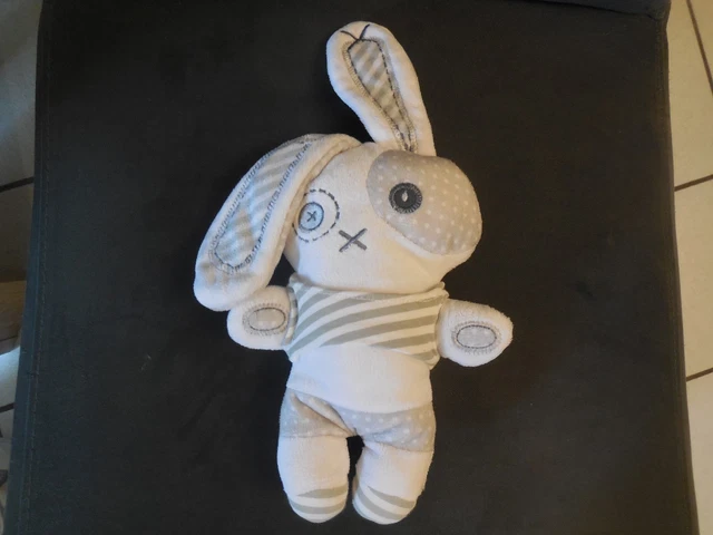 89/ doudou peluche lapin blanc gris pois rayé croix TAPE A L'OEIL TAO