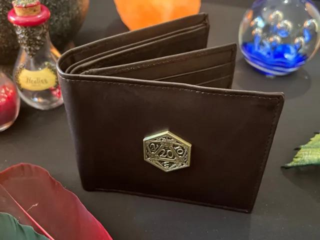 Gold D20 | Brown Leather Wallet | DnD Gift | DM Gift | Dungeons and Dragons RFID