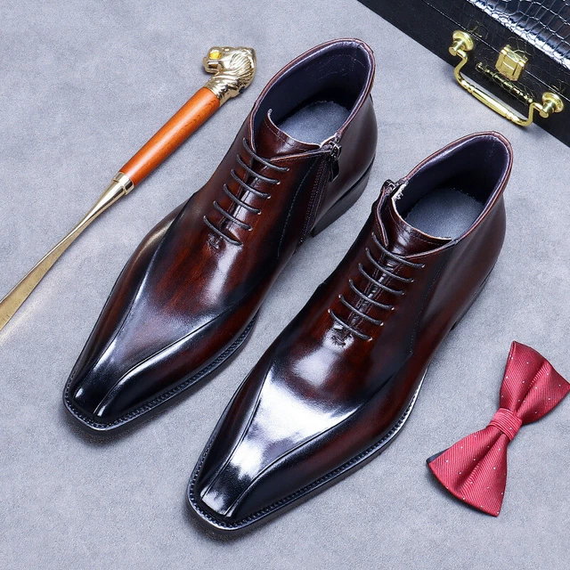 POINTED TOE MENS Real Leather Cowhide Lace Up Zip Ankle Boots Fashion