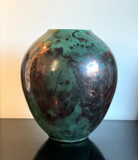 William K. Turner Raku Art Pottery Iridescent Green Metallic Vase William KT