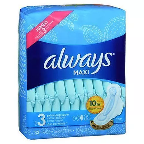 Always Maxi Pads With Flexi-Wings Size 3 Jumbo Pack Extra Long Super 33 Each By