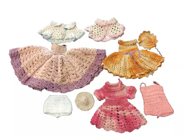 VINTAGE LOT OF HAND CROCHET DRESSES HATS UNDWEAR  for small dolls