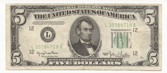 1950 $5 Dollar Bill Federal Reserve Note FRN San Francisco 719A-ICK