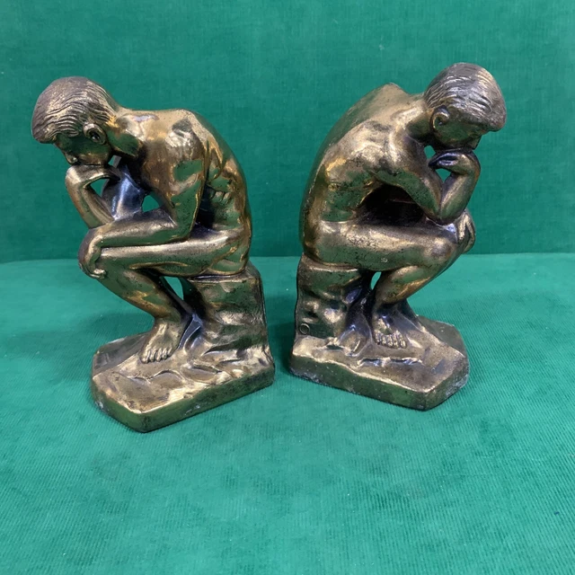 Vintage Cast Metal THE THINKER Thinking Man Bookends Stamped 1928
