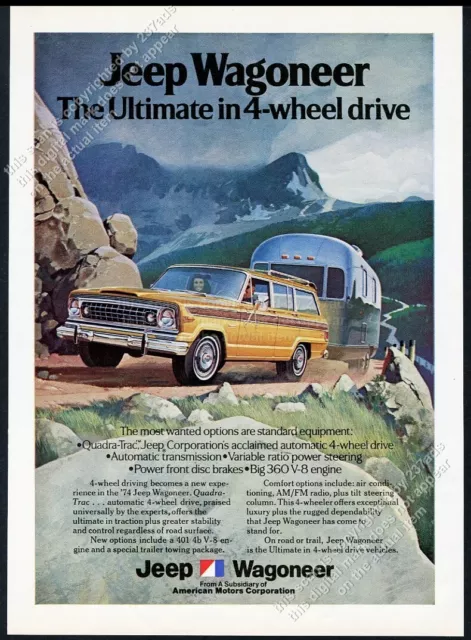 1974 Jeep Wagoneer SUV pulling Airstream trailer art vintage print ad