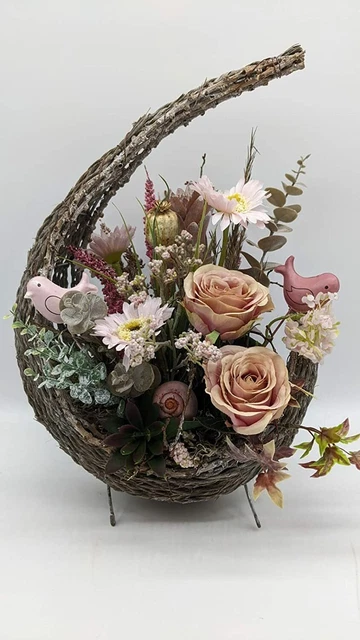 Tischgesteck Sommergesteck Rosen Gerbera Mohnkapsel Schnecke Gräser rosa apricot