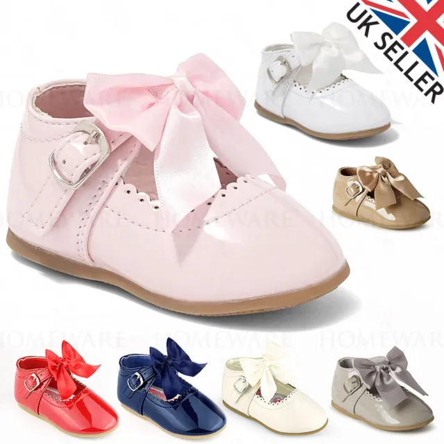 Spanish Bow Shoes Baby Girls Mary Jane Shiny Patent Shoes Red White Pink Uk2 Uk7