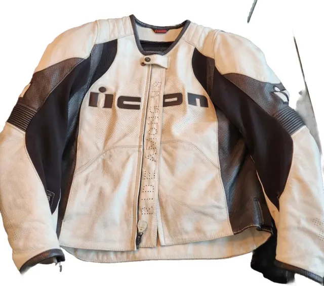 Icon Overlord  Black & White LEATHER Motorcycle Riding Jacket Size: Men's Large