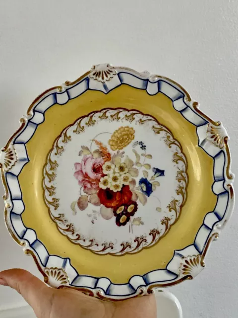 Antique Hand Painted Plate Pink Rose  Floral Yellow Blue Lace Shell Edge Sevres?