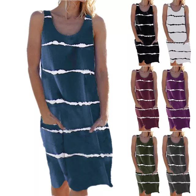 Midi Satin Dress Summer Women's Round Neck Printed Striped Pocket Vest Dress