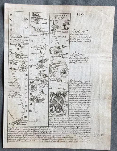 1720 Emmanuel Bowen Antique British Road Map - St Albans Harts to Uppingham Rut.