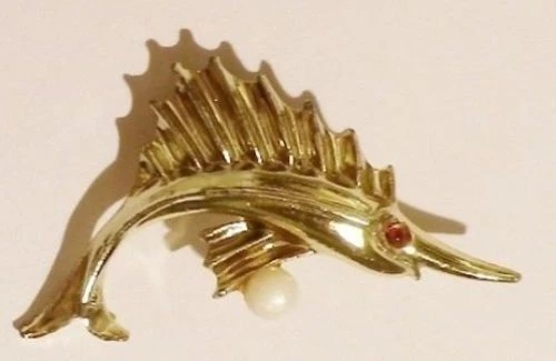 Broche Vintage Poissons Avec Cristaux Et Rubis - Signe Du Zodiaque Couleur Or *4679