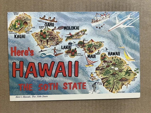 Postcard Hawaii HI 50th State Pictorial Cartograph Cartoon Map Vintage PC