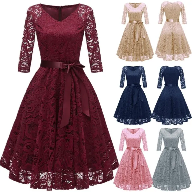 Women's Ladies Long Sleeve 50s Vintage Lace Party Evening Bridesmaid Swing Dress