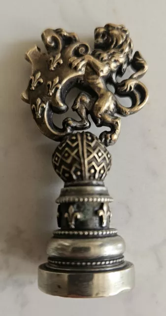 Ancien Sceau Cachet Lion, Lys Royale Bronze Argente