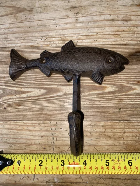 Decorative Cast Iron Fish Key Towel Coat Hook Hanger Sea worn Brown  6"L