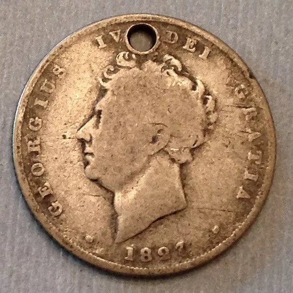 ~ 1827 Great Britain George IV Silver Shilling - Holed - free US shipping