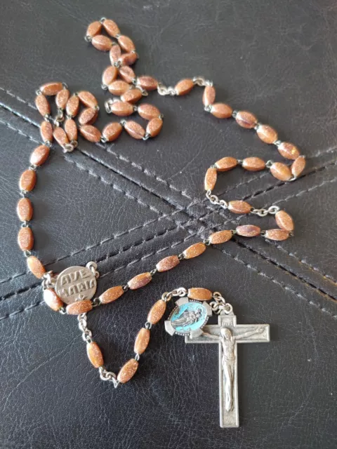 Vintage Rosary 1960s Crucifix brown wood  beads Catholic Lourdes France silver