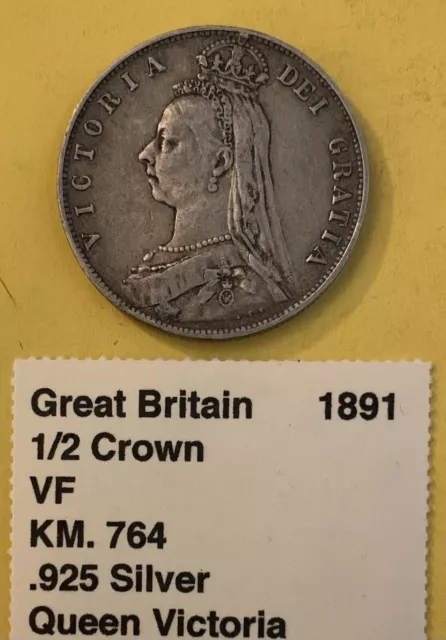 1891 Great Britain 1/2 Half Crown Coin .925 Silver Queen Victoria