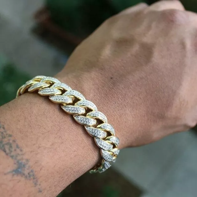Luxury 925 Silver Gold Women Men Cuban Link Chain Bracelet Rhinestone Jewelry