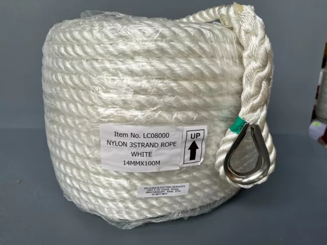 ANCHOR ROPE 14mm x 100m WHITE NYLON 3 STRAND FOR WINCHES 4.2 t B/F AUST STDS