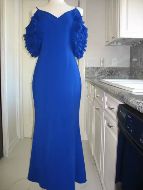 Badgley Mischka Cobalt Blue Off-The-Shoulder Puff Sleeves Evening Gown - Size 6