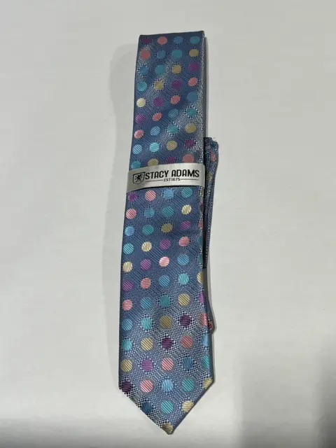 Mens Stacy Adams Blue Multicolor Polka Dot Tie With Matching Pocket Square NEW