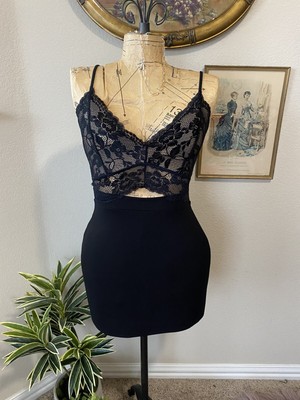 Haute Monde NWT Lace Chemise Bodycon Cut Out Black & Tan Dress sz S