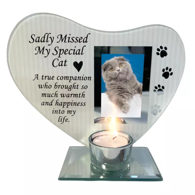 Sadly Missed MY SPECIAL CAT GLASS MEMORIAL CANDLE HOLDER AND PHOTO FRAME