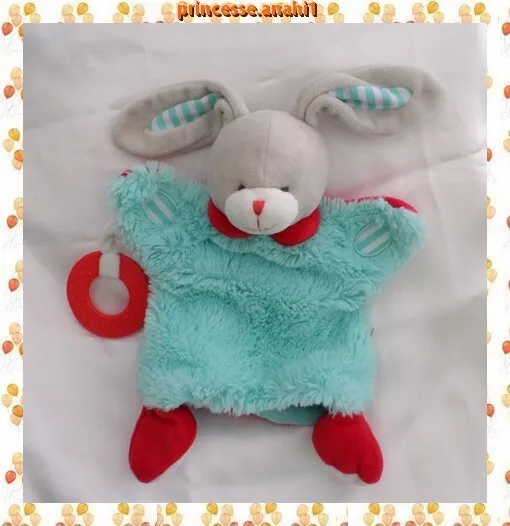 Doudou Peluche Plat Marionnette Lapin Gris Bleu Rouge Anneau de Dentition