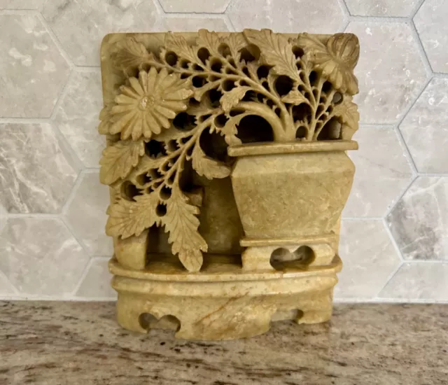 Pretty Carved Soapstone Sculpture with Flowers in Pot