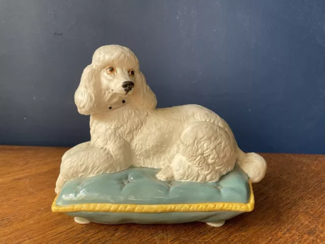 Vintage Beswick England White Poodle Dog On Blue Cushion Royal Doulton