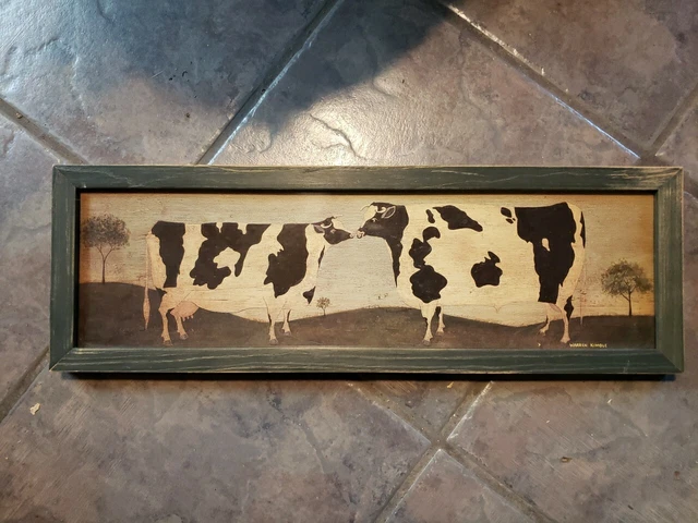 Signed Warren Kimble American Folk Art Framed Print of Cows.  Distressed Green.