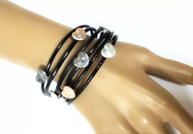 Multi Argent Brossé, or Rose Coeurs, Noir Véritable Cuir Cordon Charme Bracelet